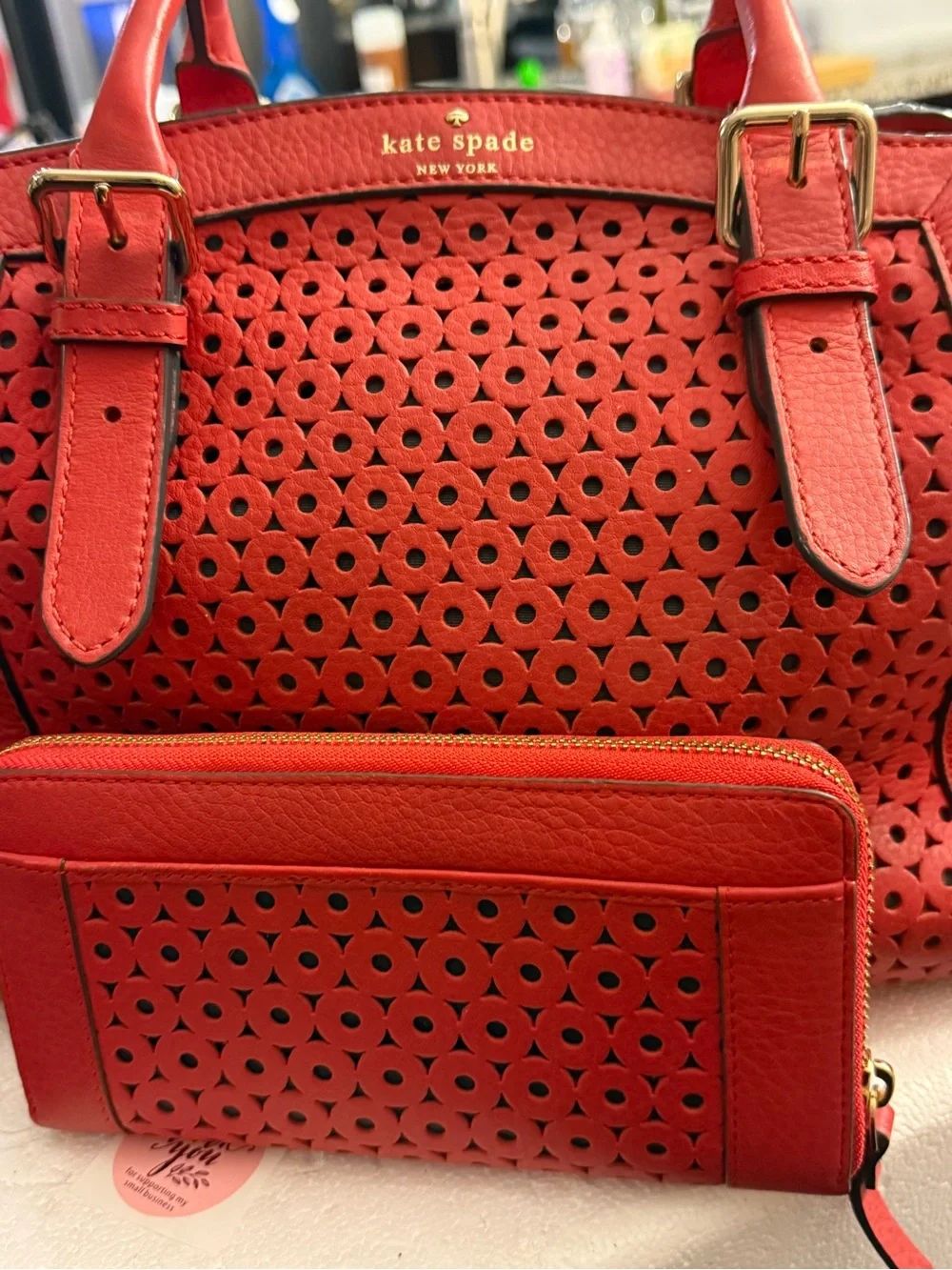 kate spade Red Perforated Leather Satchel with Matching Wallet Set
